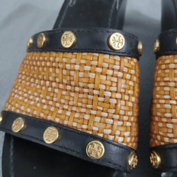 TORY BURCH Straw/Leather JOANIE Studded PLATFORM WEDGE SANDALS US 8.5 Logo s7155 - Picture 12 of 16